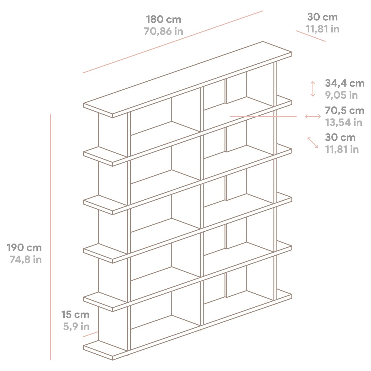 Bibliothèque en pin massif non verni MONTGÓ 2x5 bois clair, NAAN FURNITURE