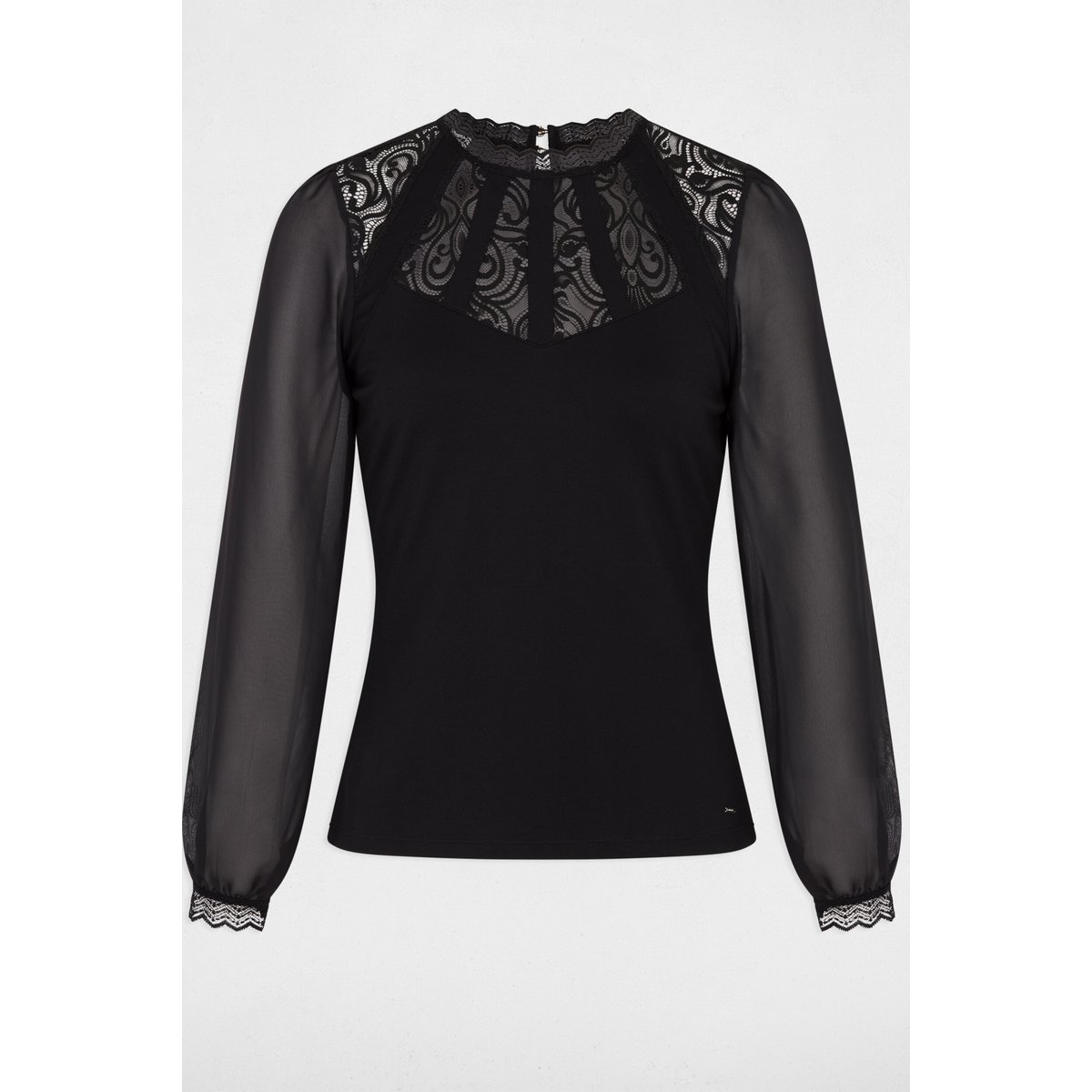 T-shirt dentelle manches longues noir, MORGAN