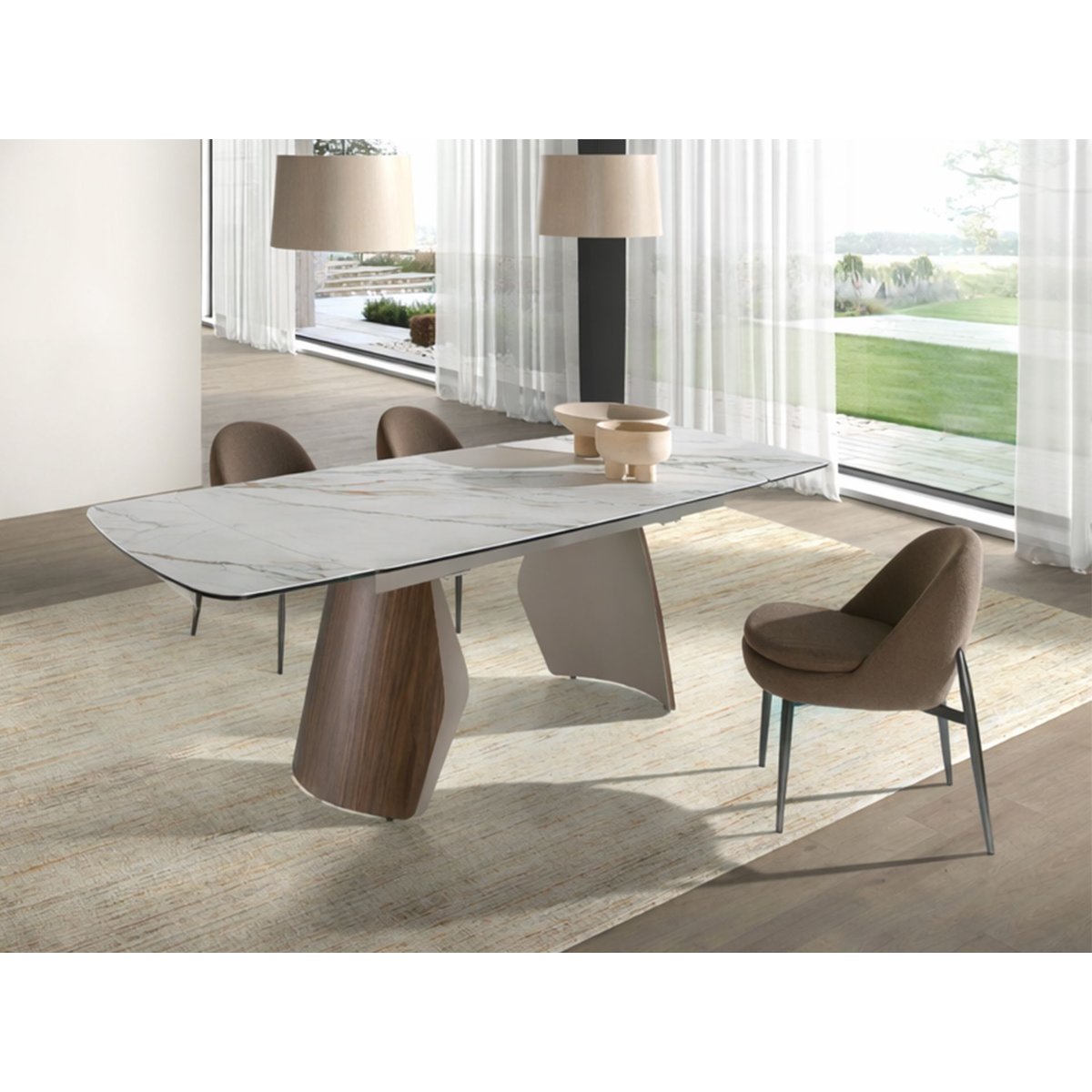 Table de salle à manger extensible ovale en forme de tonneau en marbre porcelanique, acier et bois blanc | sable | noyer, ANGEL CERDA