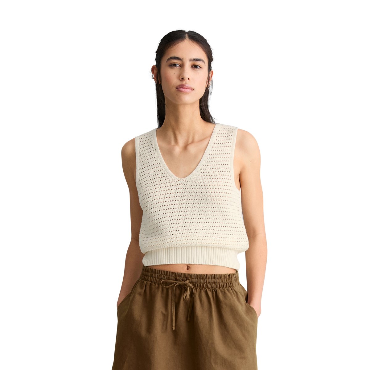 Top en tricot slim en coton organique blanc, MARC O’POLO DENIM