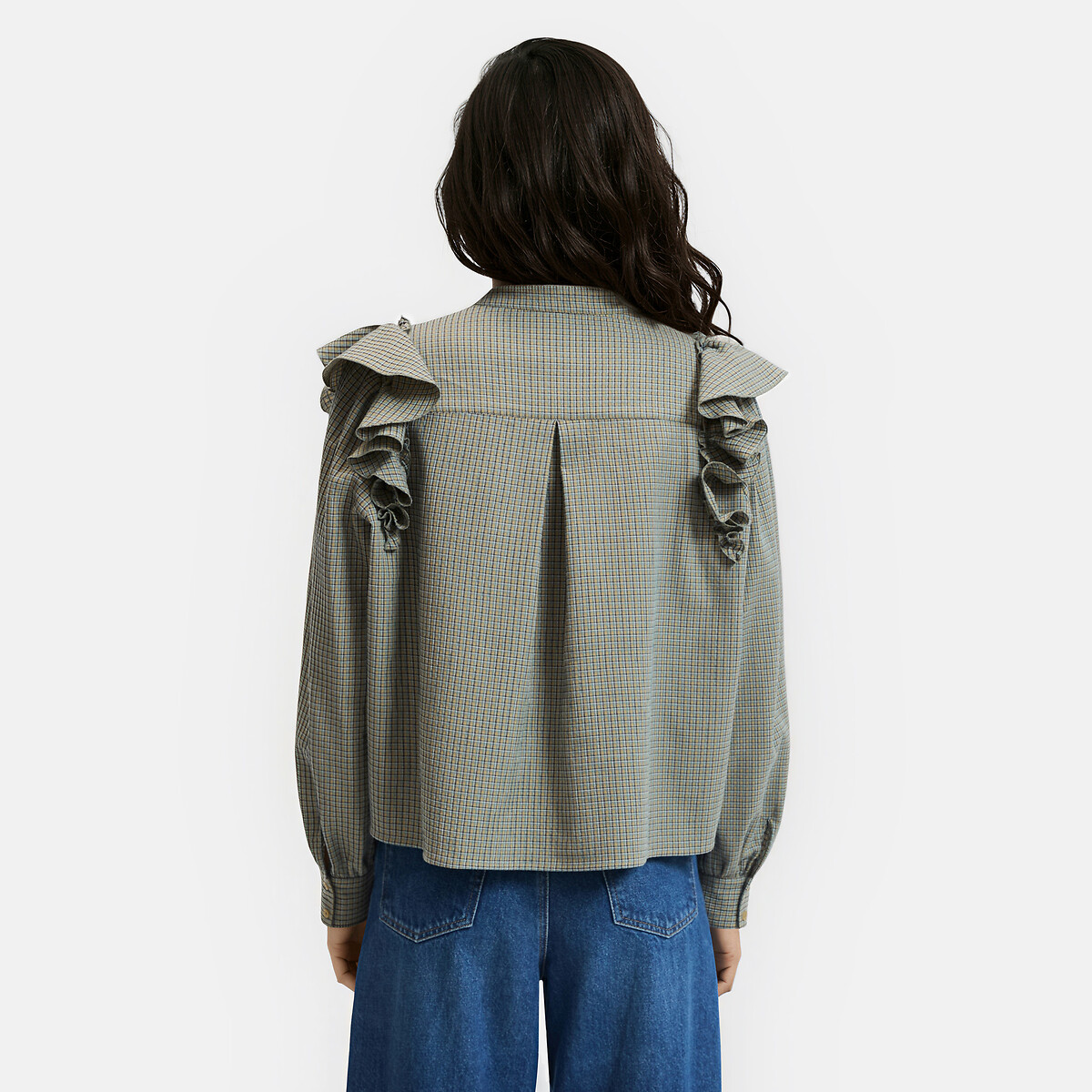 Chemise col rond à carreaux et volant  carreaux vert/marine, LA REDOUTE COLLECTIONS