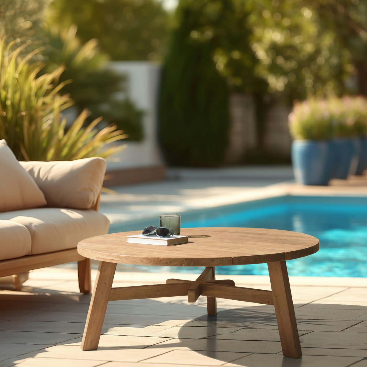 Table basse de jardin ronde en bois de teck recyclé naturel D95 cm SANTO bois naturel, PIER IMPORT