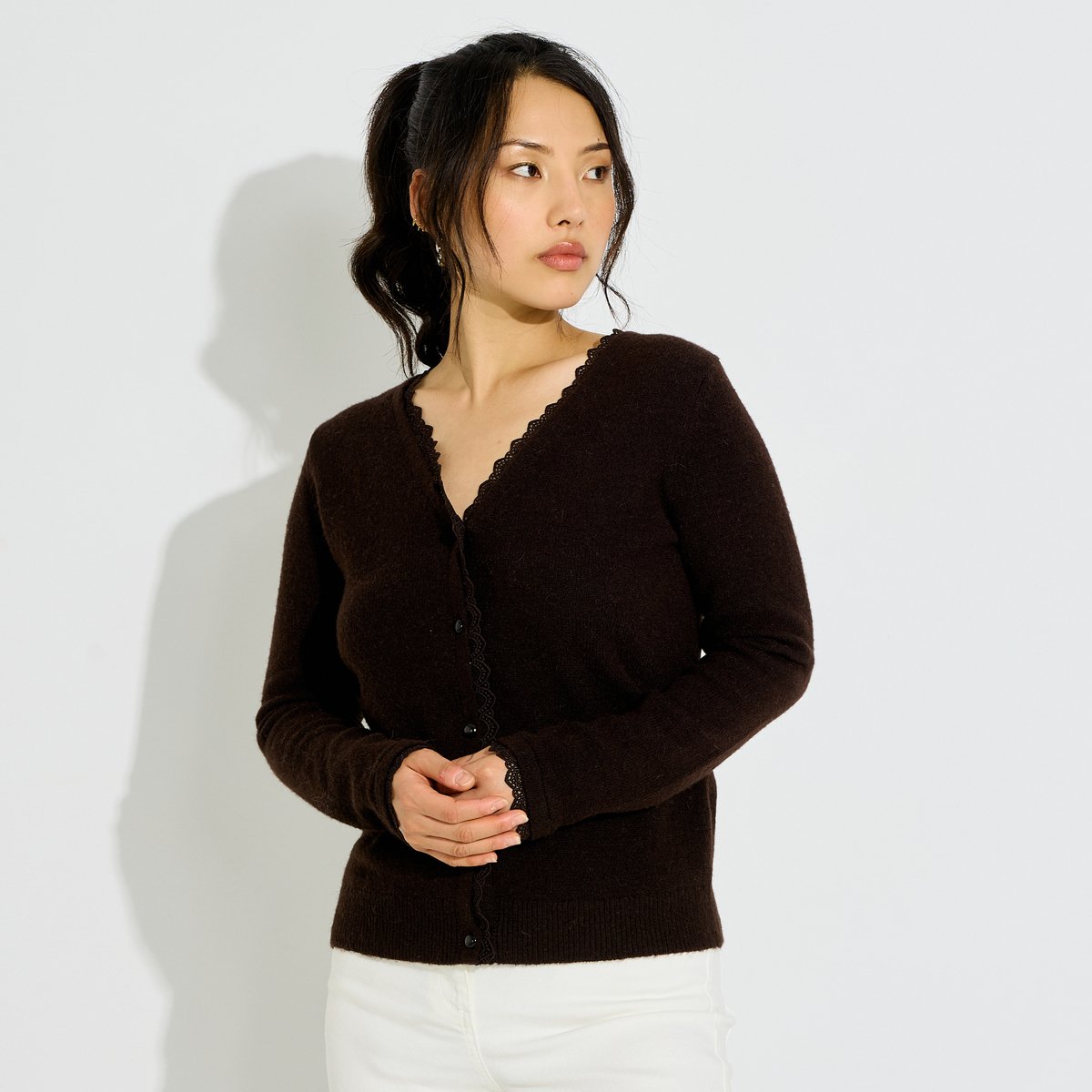 Gilet dentelle col V marron, GRAIN DE MALICE