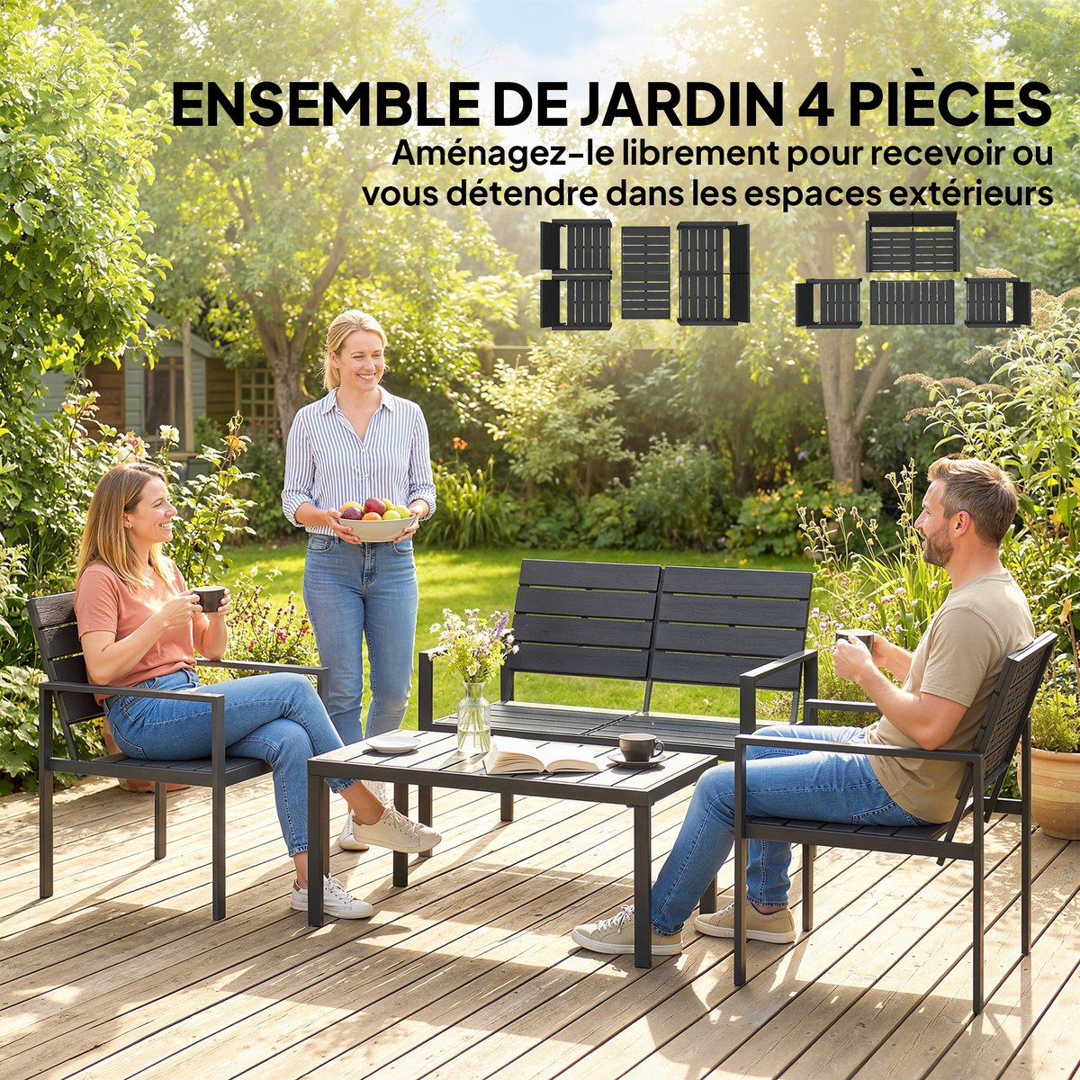 Ensemble de canapés de jardin HDPE Noir noir, OUTSUNNY