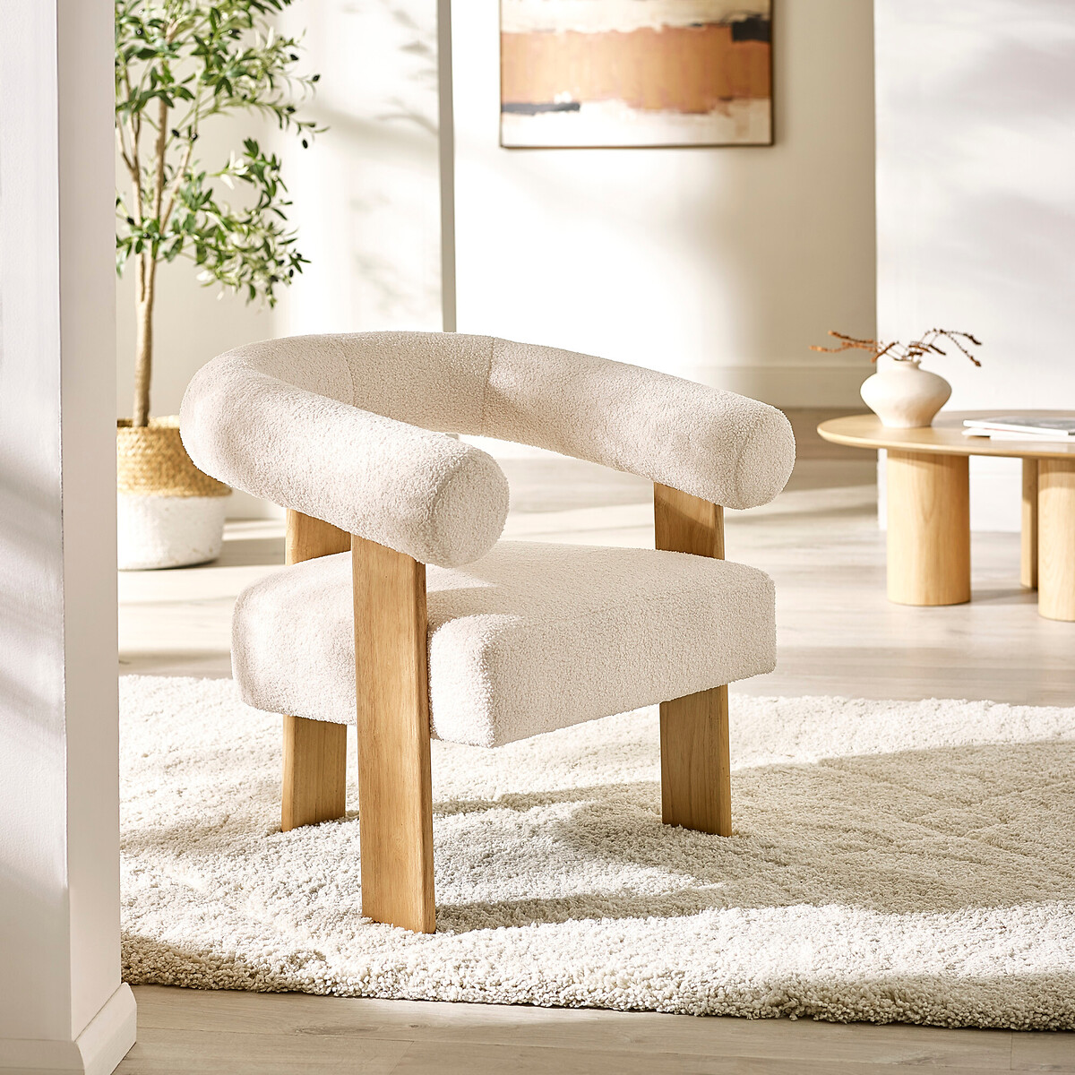 Fiona Boucle & Solid Wood Legs Accent Chair ecru, SO'HOME