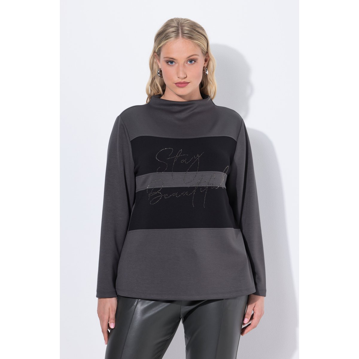 Sweat-shirt oversize à col montant gris kaki, ULLA POPKEN