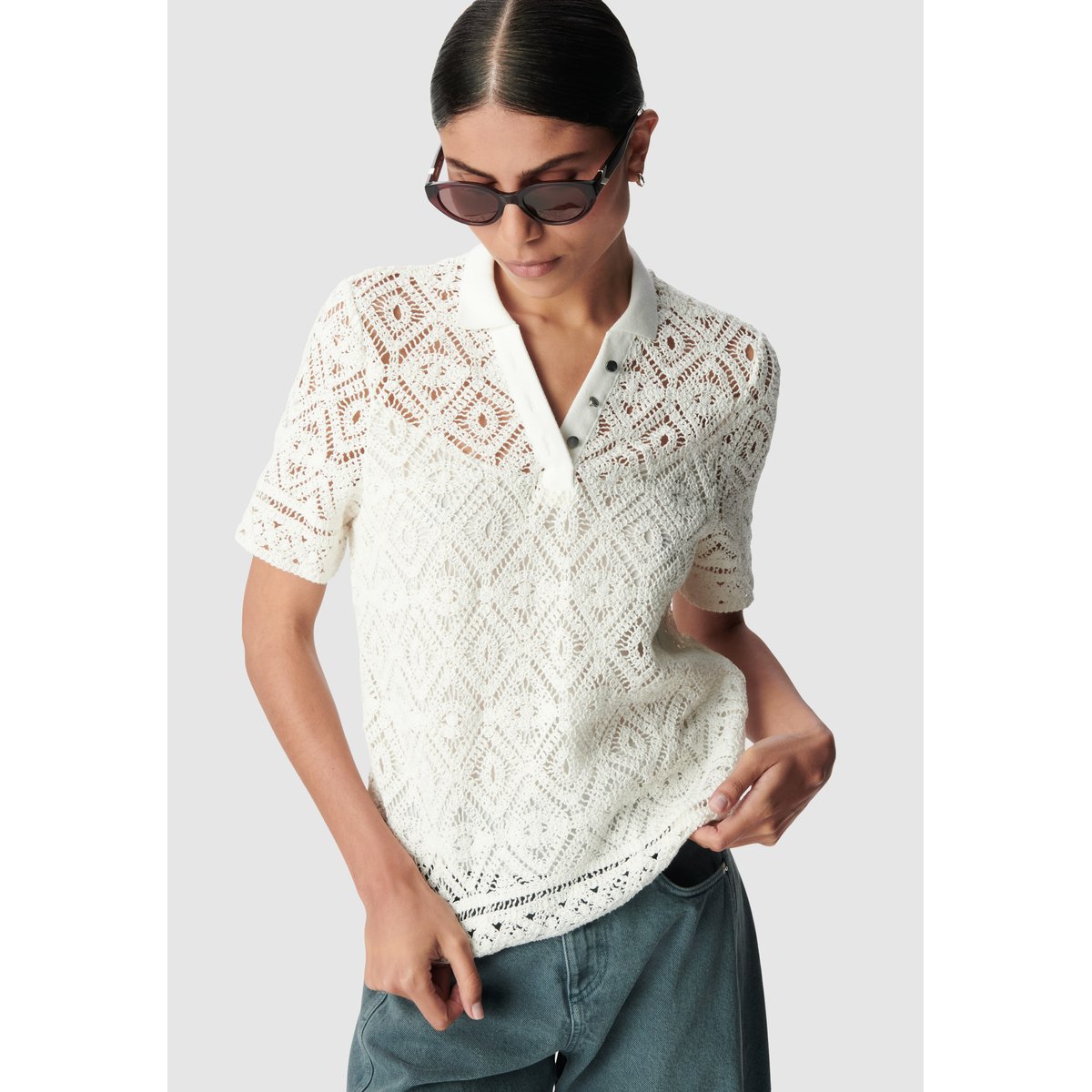 Top tricot crochet col polo ecru, IKKS
