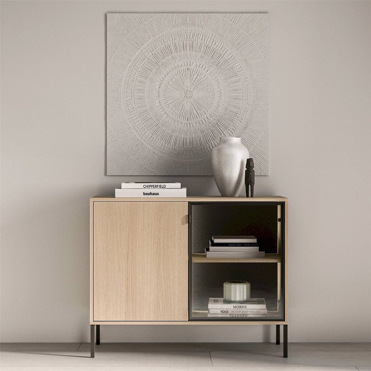 Buffet vitrine bois collection BARNEE, LED cachemire, RECOLLECTION