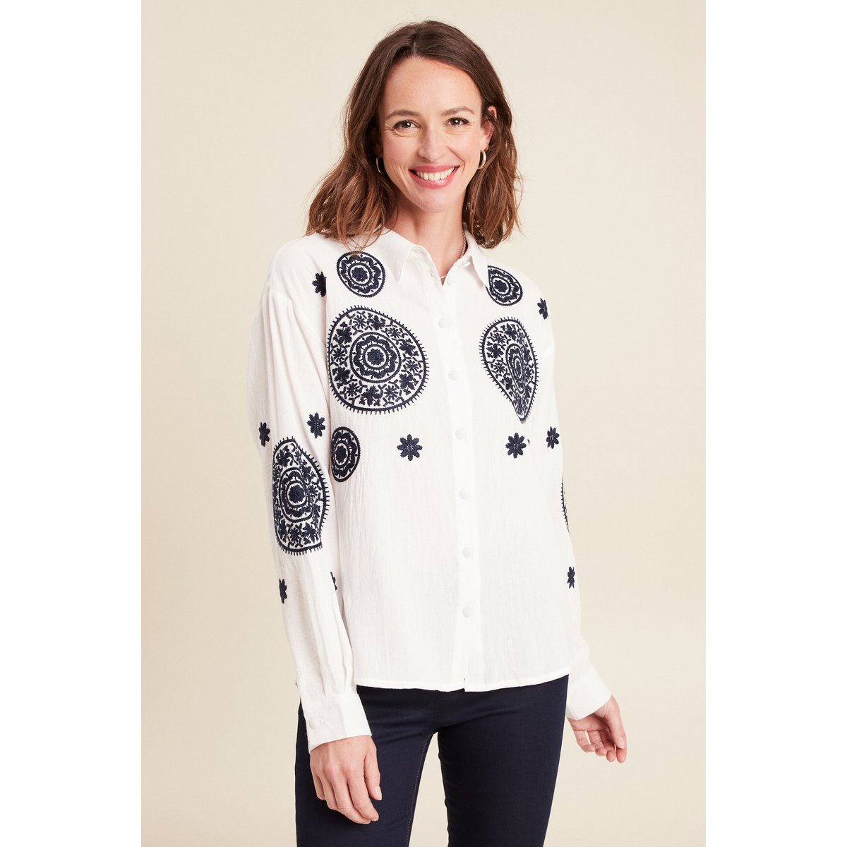 chemise en coton brodée manches longues ecru, BREAL