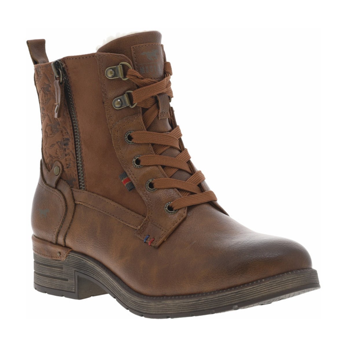 Bottines brunes à talon décroché bas avec un zip et des lacets ronds brunes, MUSTANG
