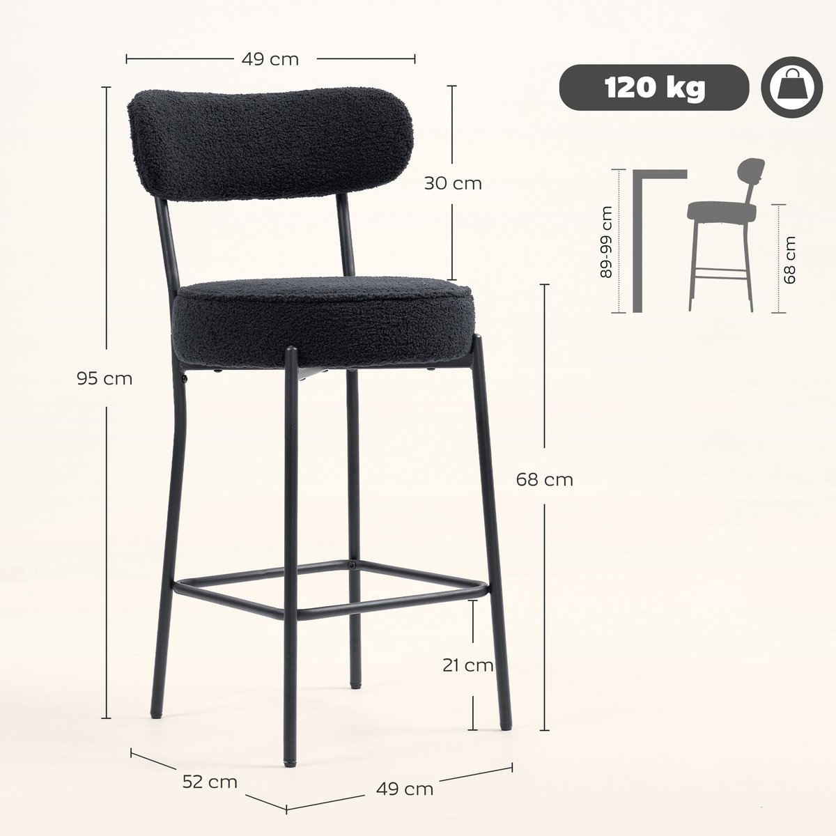 Tabouret de bar Tissu bouclette Noir noir, HOMCOM