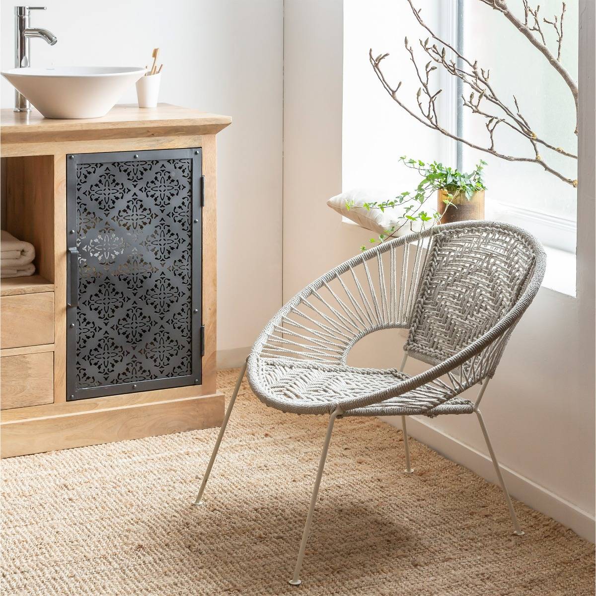 Fauteuil en corde et métal BÉLIZE blanc, MADE IN MEUBLES
