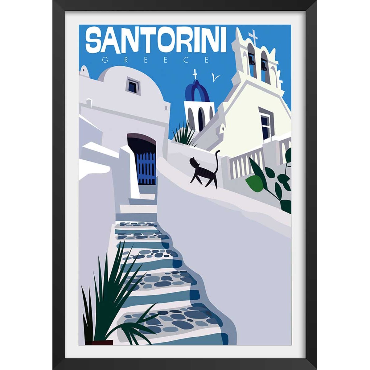 Poster de santorini blanc bleu affiche + cadre en bois - noir, HEXOA