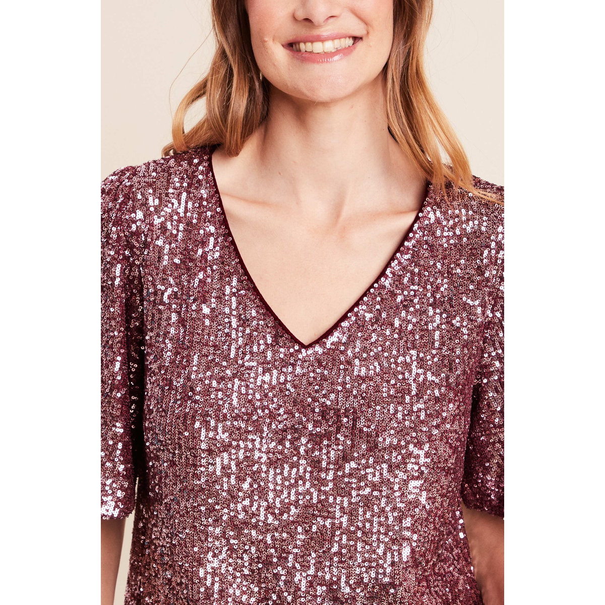 Blouse à sequins manches coudes doublée bordeaux, BREAL