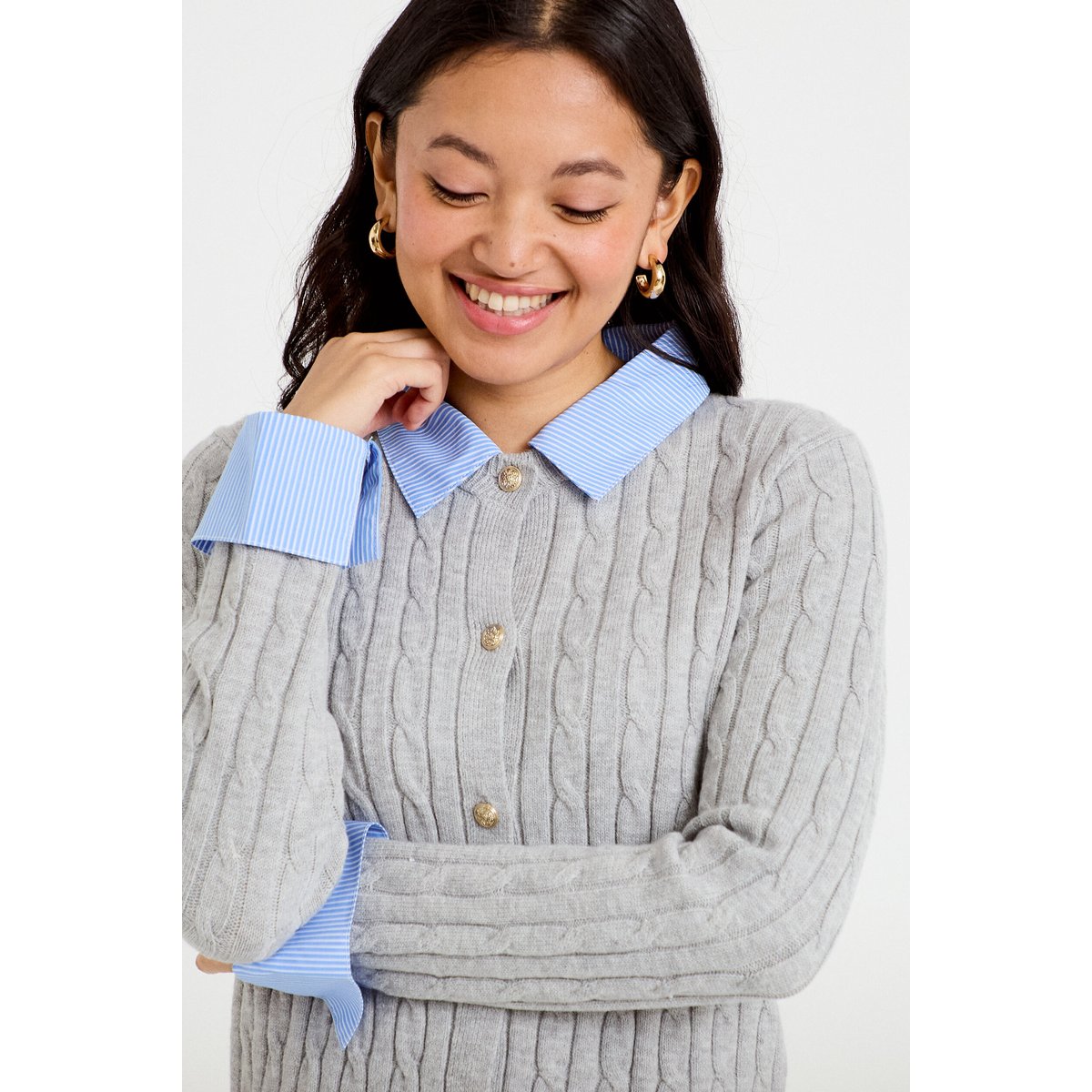 Gilet col chemise manches longues gris clair, CACHE CACHE