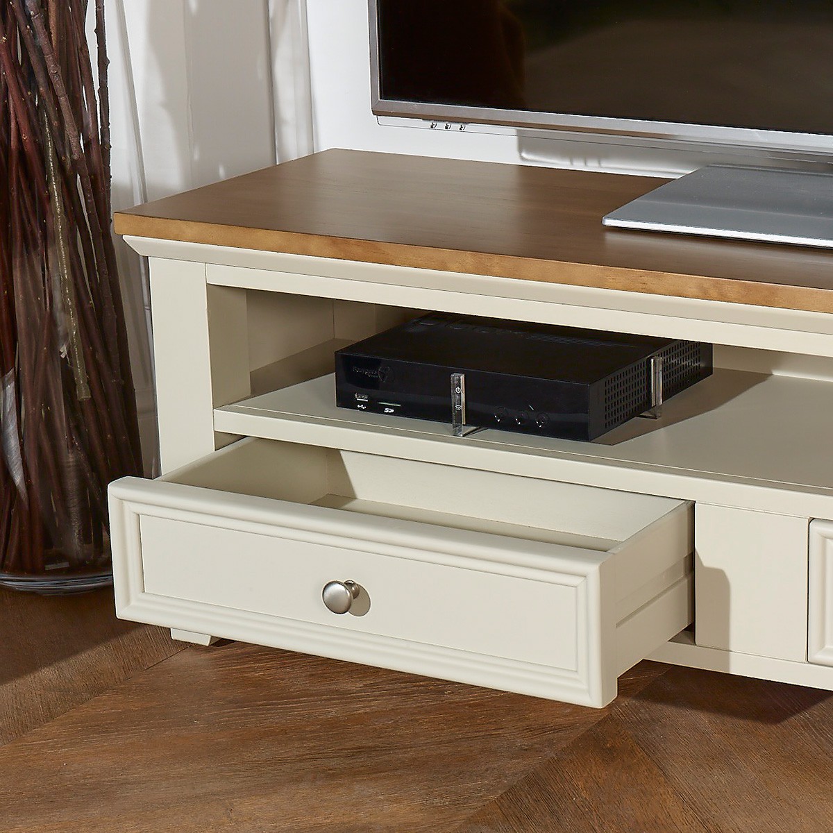 Meuble tv style en pin 2 tiroirs ARCHER blanc, ROBIN DES BOIS