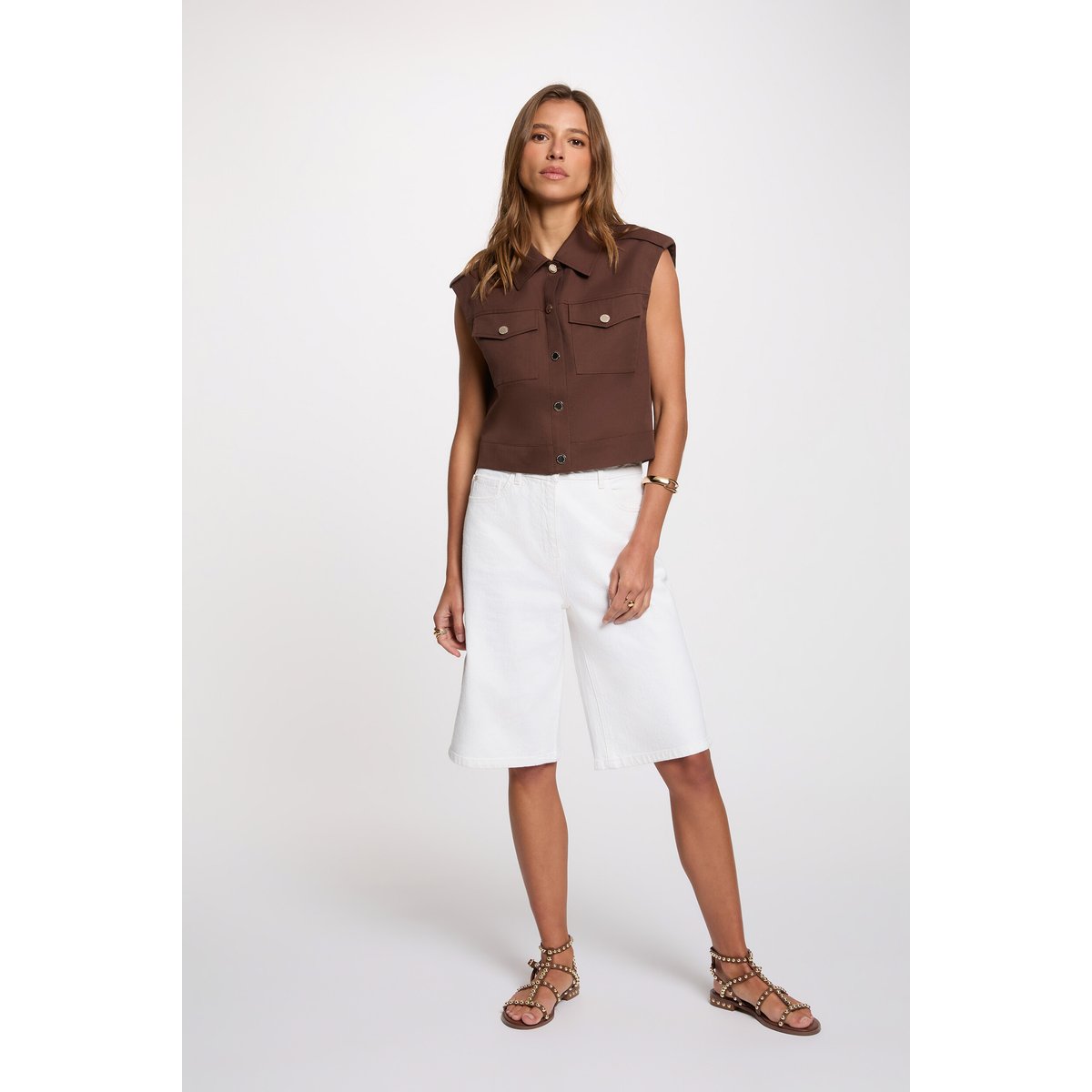 Veste courte sans manches marron foncé, MORGAN