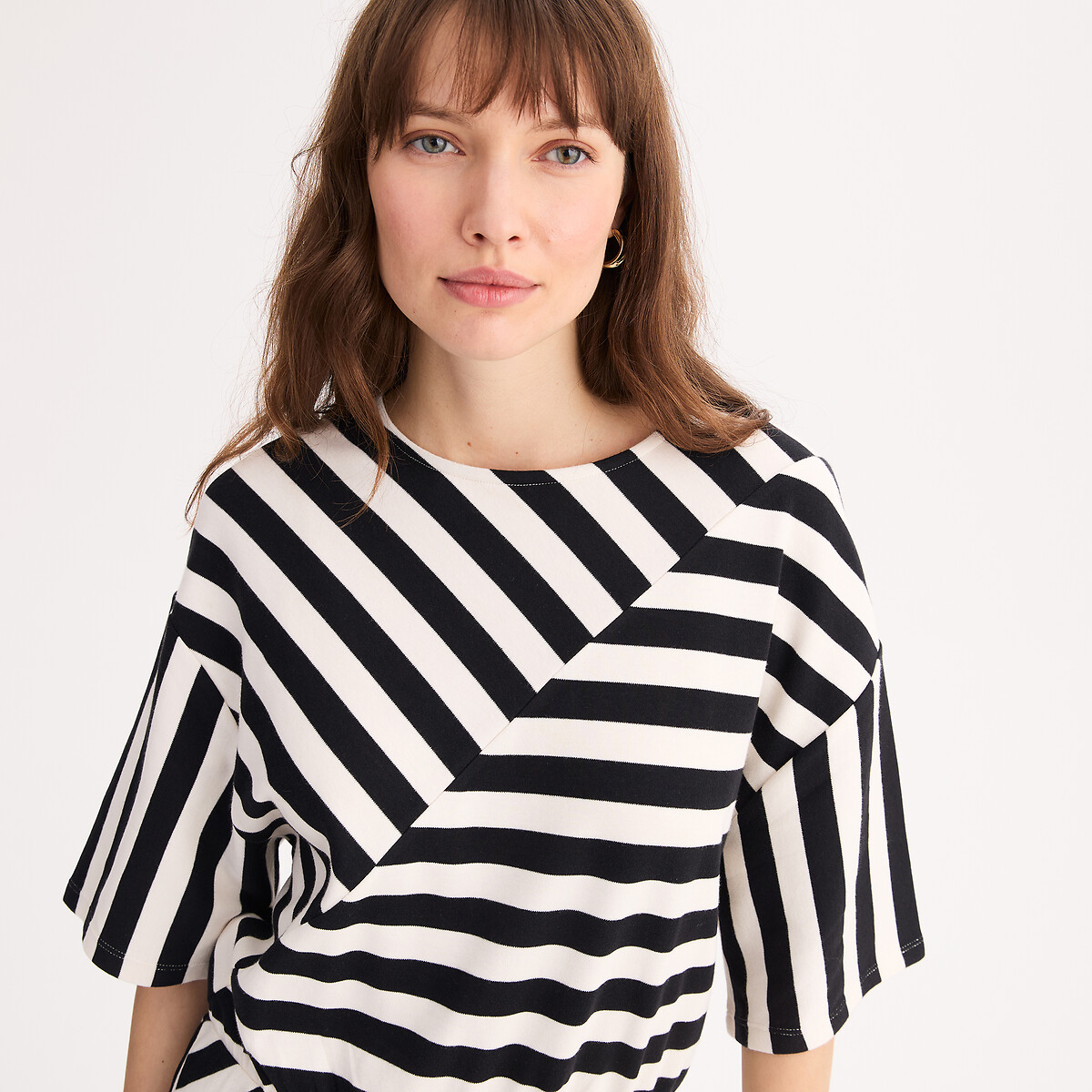 Robe droite à rayures, mi-longue, manches courtes rayé noir, ANNE WEYBURN