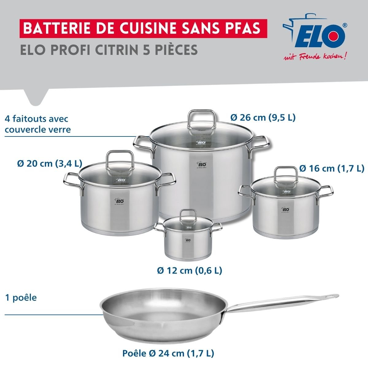 Batterie 1 poêle 24cm + 4 faitouts 12/16/20/26cm PROFI CITRIN gris, ELO