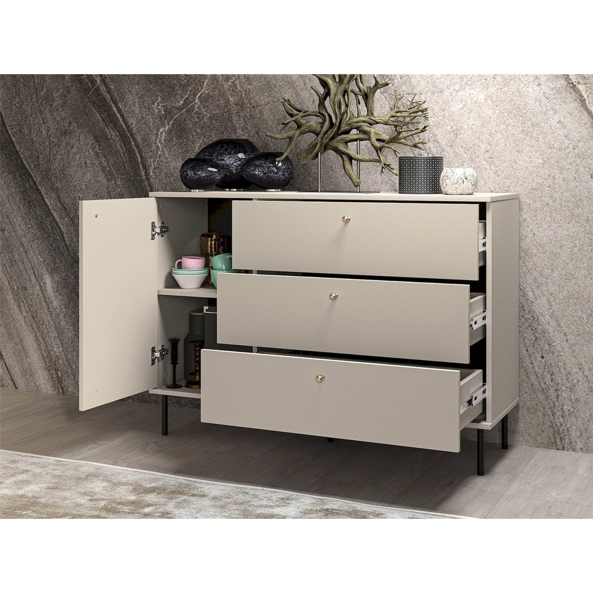 Commode bois collection CALETTO, Porte rainurée cachemire beige mat avec poignées dorées et pieds noirs, RECOLLECTION