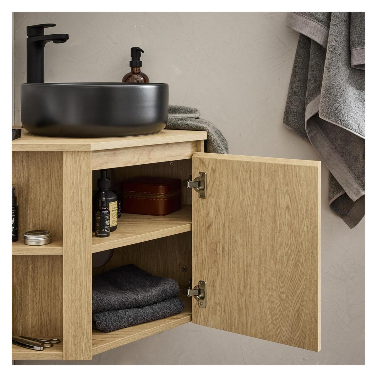 Ensemble meuble sous vasque d'angle + vasque noire + robinet SORRENTO décor chêne, MOB IN