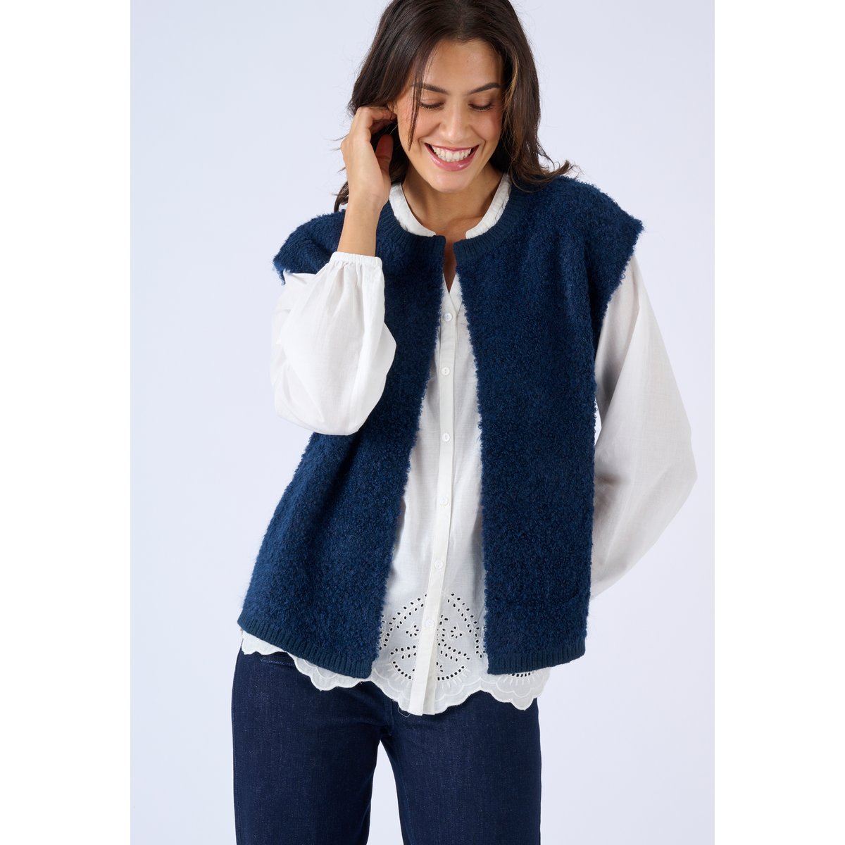 Gilet sans manches maille bouclette bleu marine, DAMART