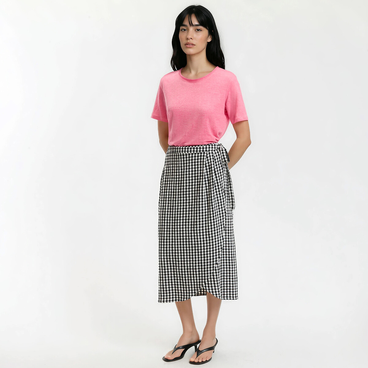T-shirt en lin col rond manches courtes rose, LA REDOUTE COLLECTIONS
