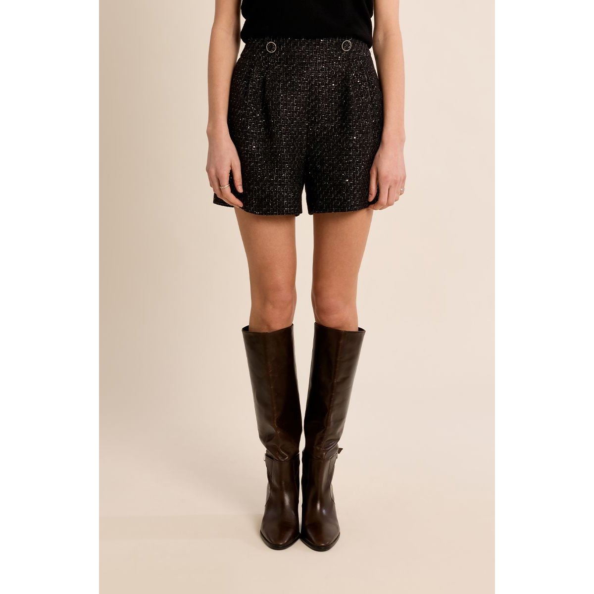 Short taille haute en tweed noir, MOLLY BRACKEN