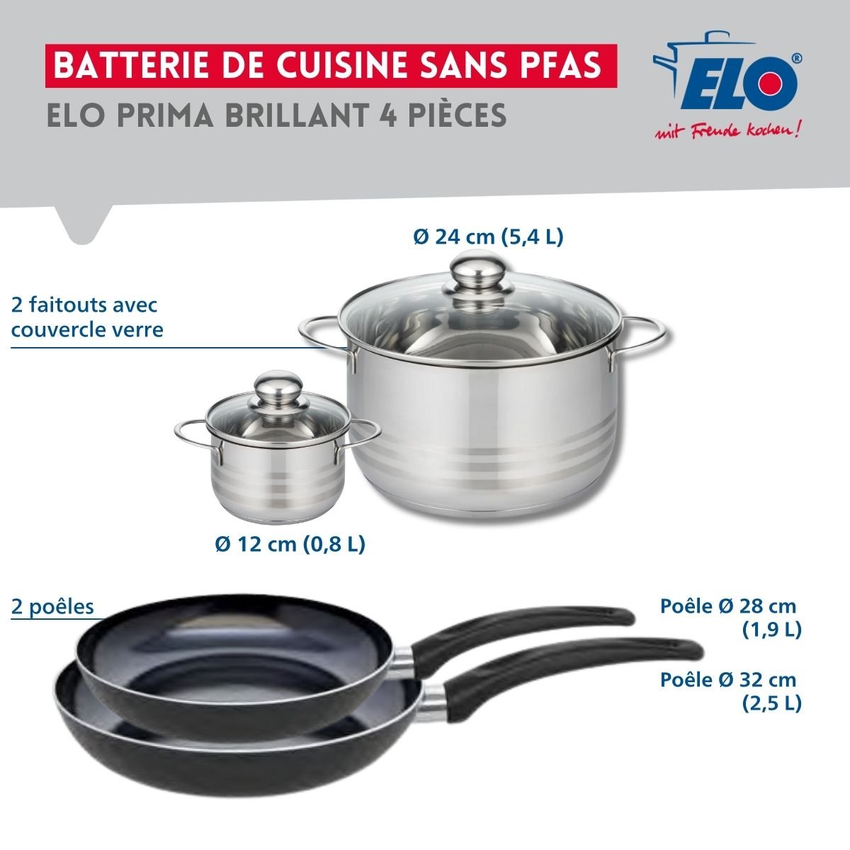 Batterie 2 poêles 28/32cm + 2 faitouts 12/24cm PRIMA BRILLANT noir, ELO