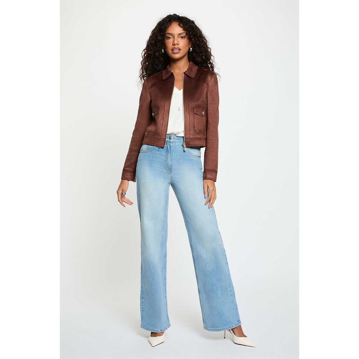 Short Faux Suede Jacket dark brown, MORGAN