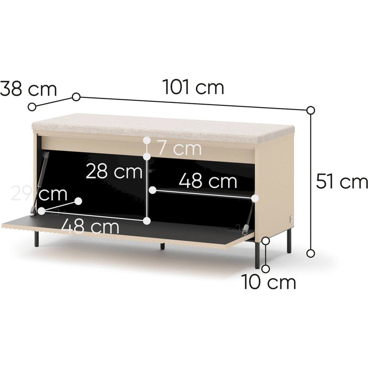 Banc coffre à chaussures bois avec LED beige sable et noir, RECOLLECTION