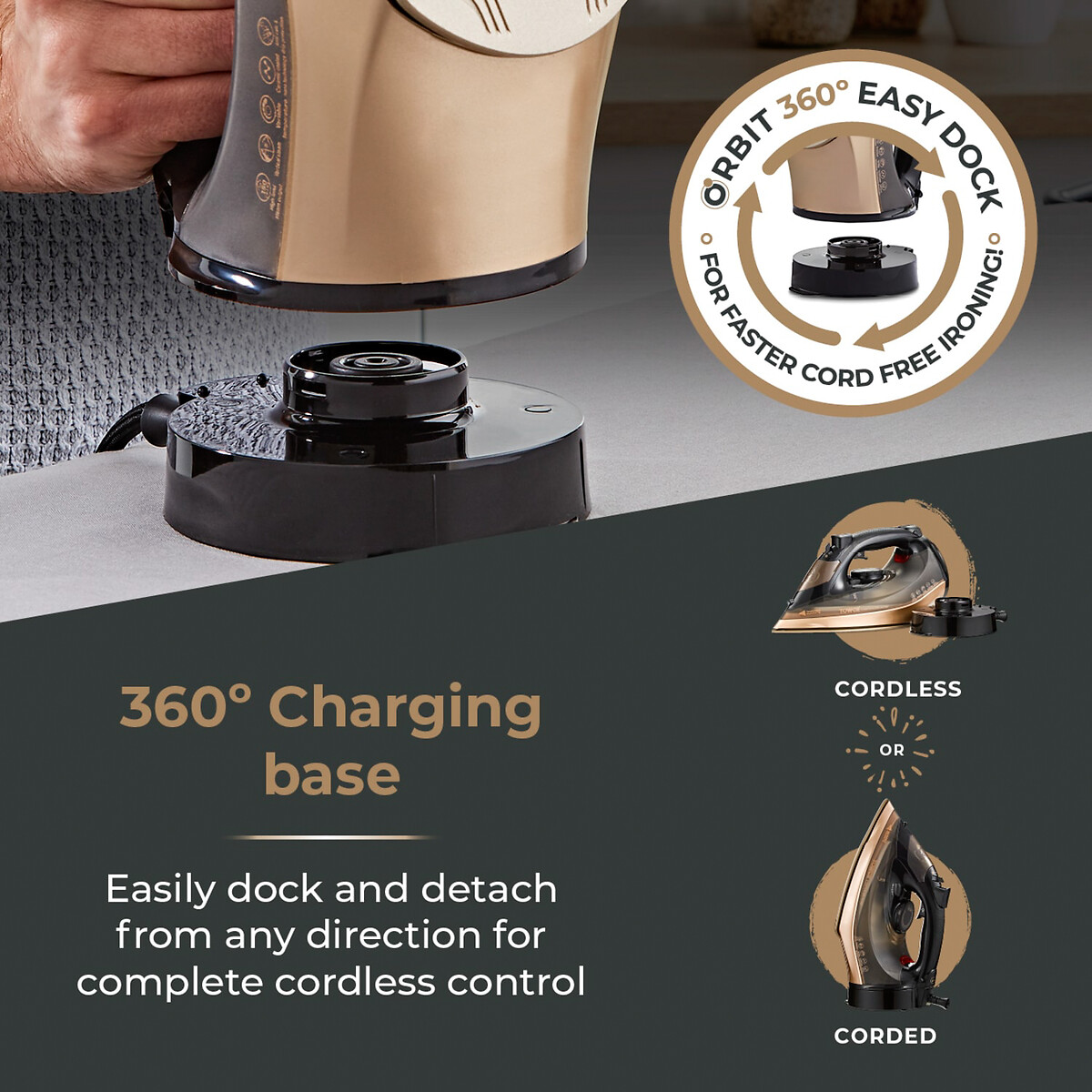 CeraGlide 360 Cord/Cordless Steam Iron with Rapid Heat-Up and Recharge - T22022 black/gold, TOWER