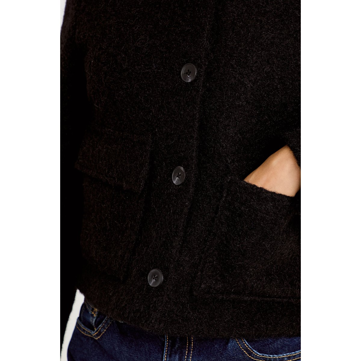 Veste droite bouclette col montant noir, CACHE CACHE