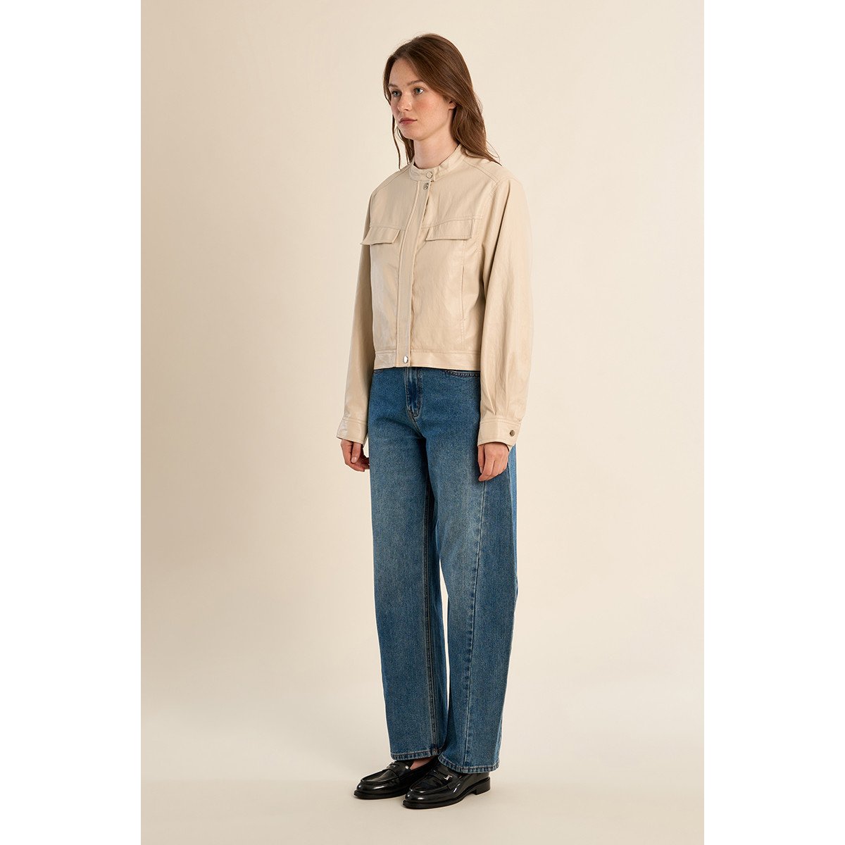 Veste courte mortard, effet simili-cuir beige, MOLLY BRACKEN