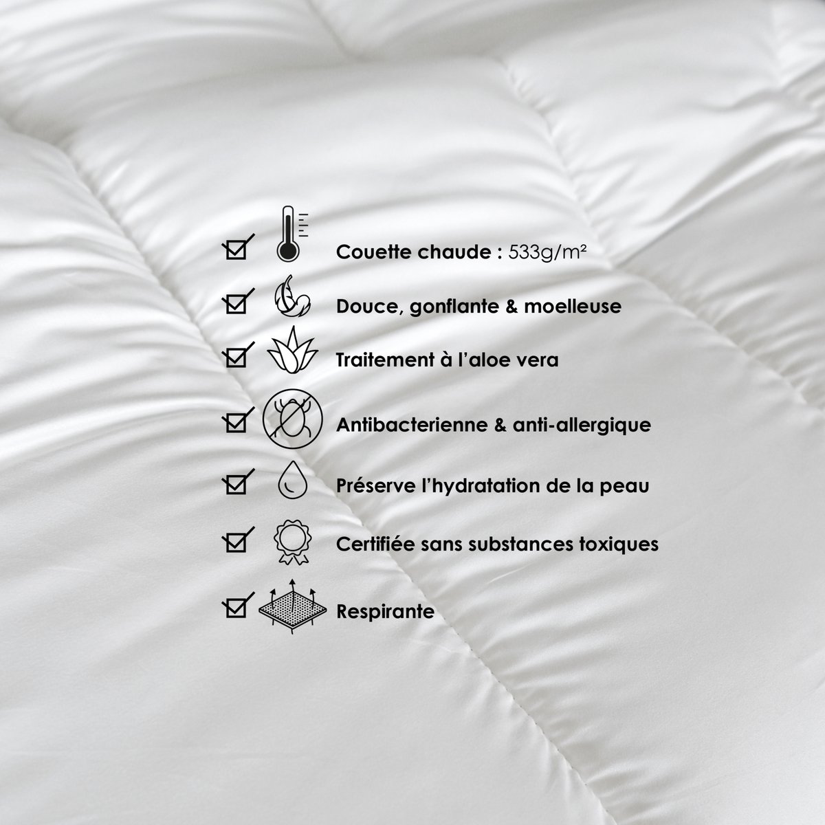 Lot couette chaude premium anti-acariens + 2 oreillers respirants - QABANE blanc, HOME MAISON