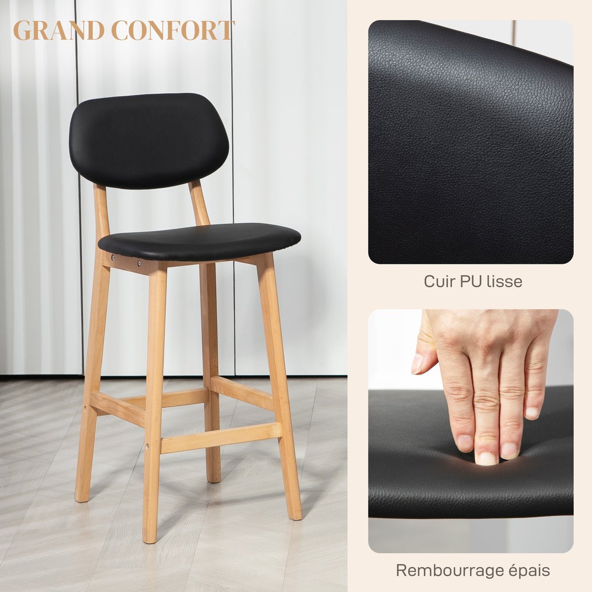 Tabouret de bar Revêtement synthétique Noir noir et bois naturel, HOMCOM