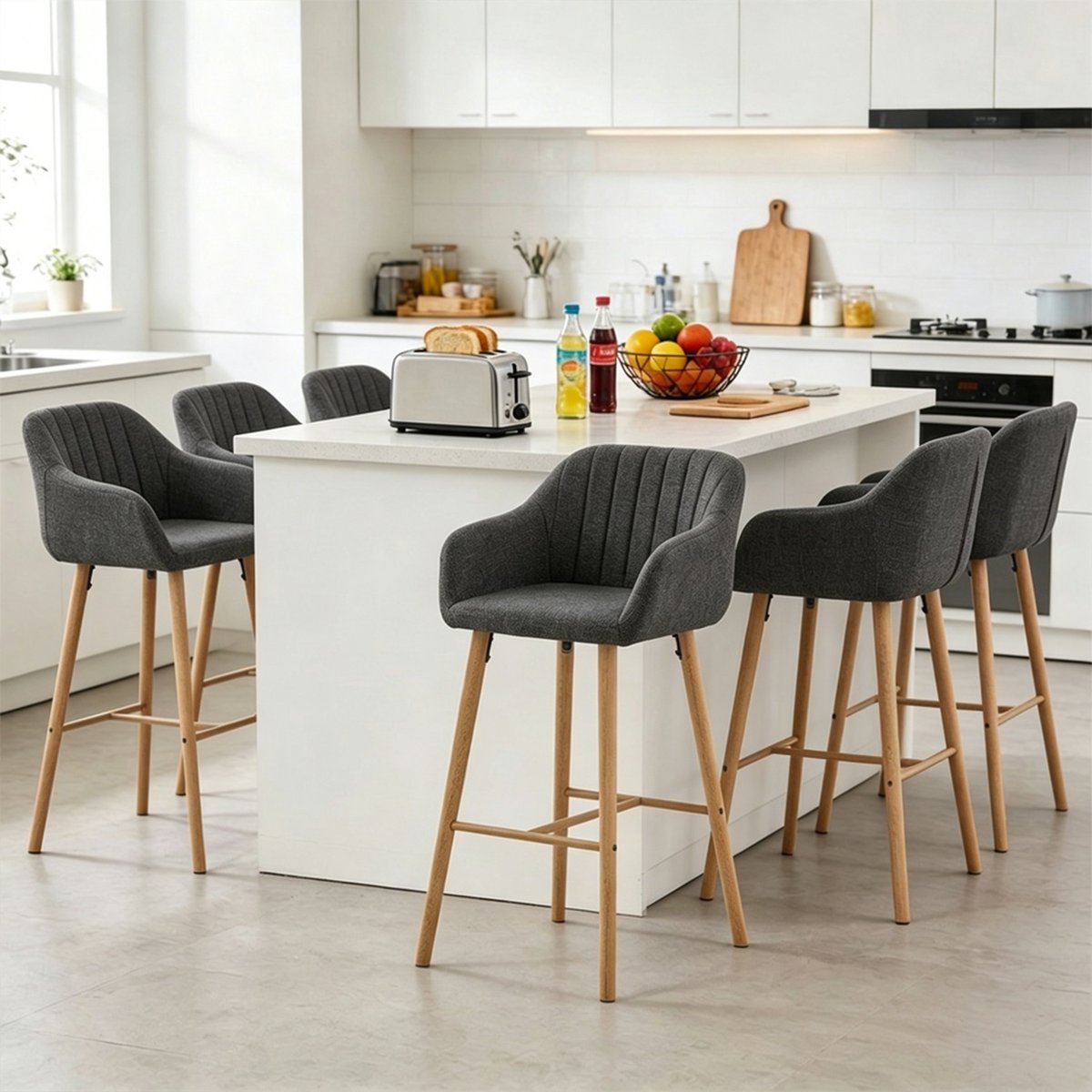 Lot de 6 chaises de bar scandinave en tissu lin H75cm, CARMENA noir, MEUBLES COSY
