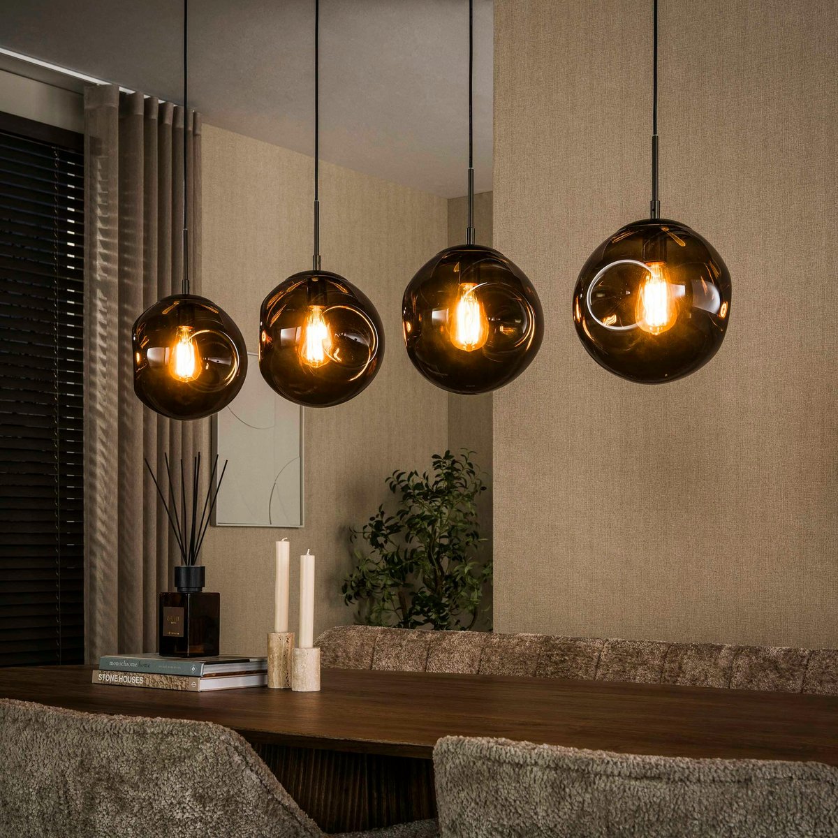 Suspension îlot cuisine vintage 4 globes verre brun NIAGARA marron, PIER IMPORT
