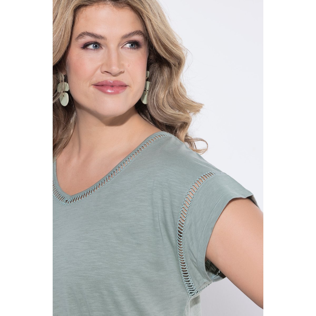 T-shirt V, Oversized, coton bio menthe verte, ULLA POPKEN