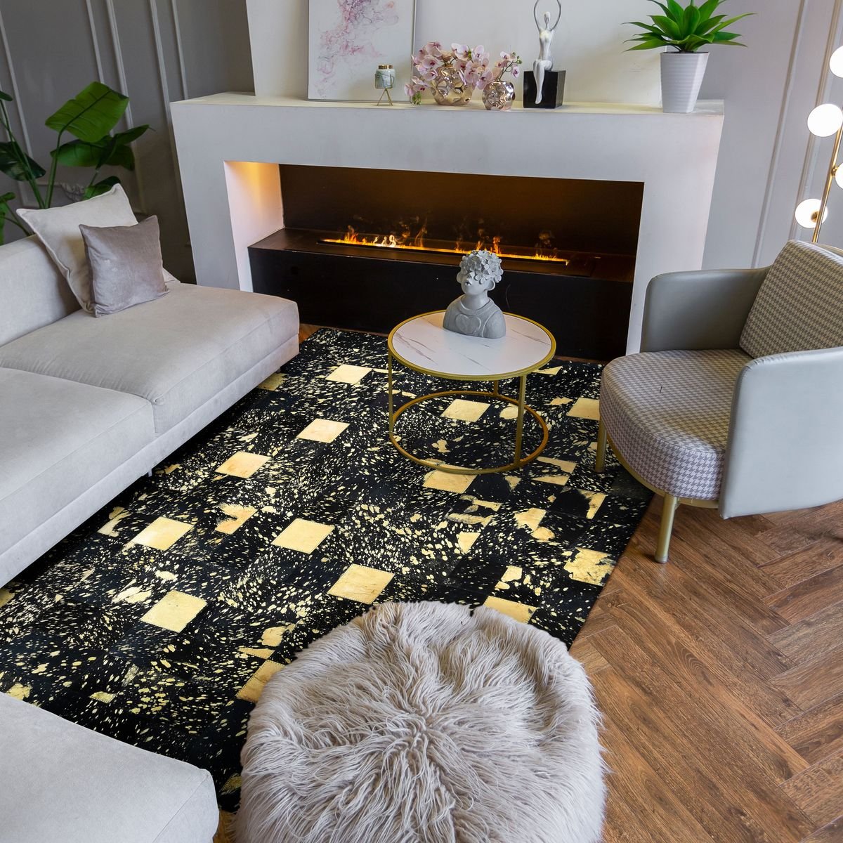 Tapis en cuir recyclé éclats CUIR PREMIUM GOLD noir, THE DECO FACTORY