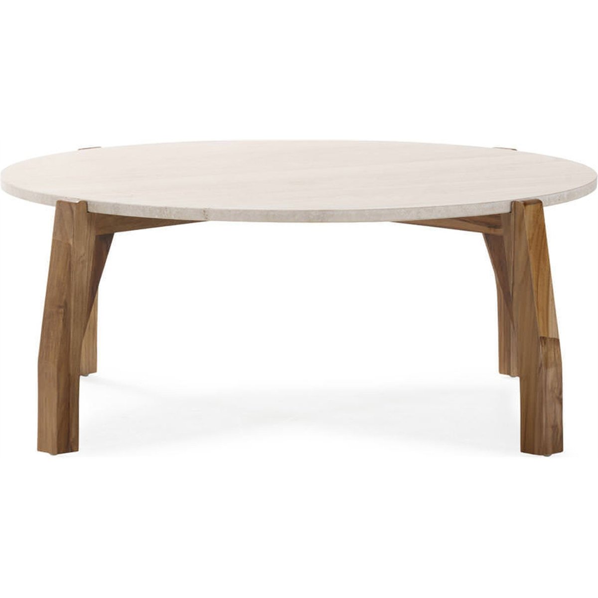 Table basse ronde en travertin et teck naturel et crème, RECOLLECTION