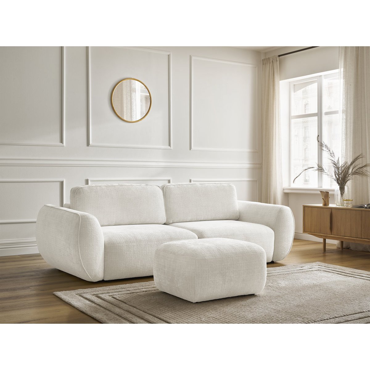 Canapé droit convertible 3 places en tissu texturé avec pouf, DENISE blanc, BOBOCHIC