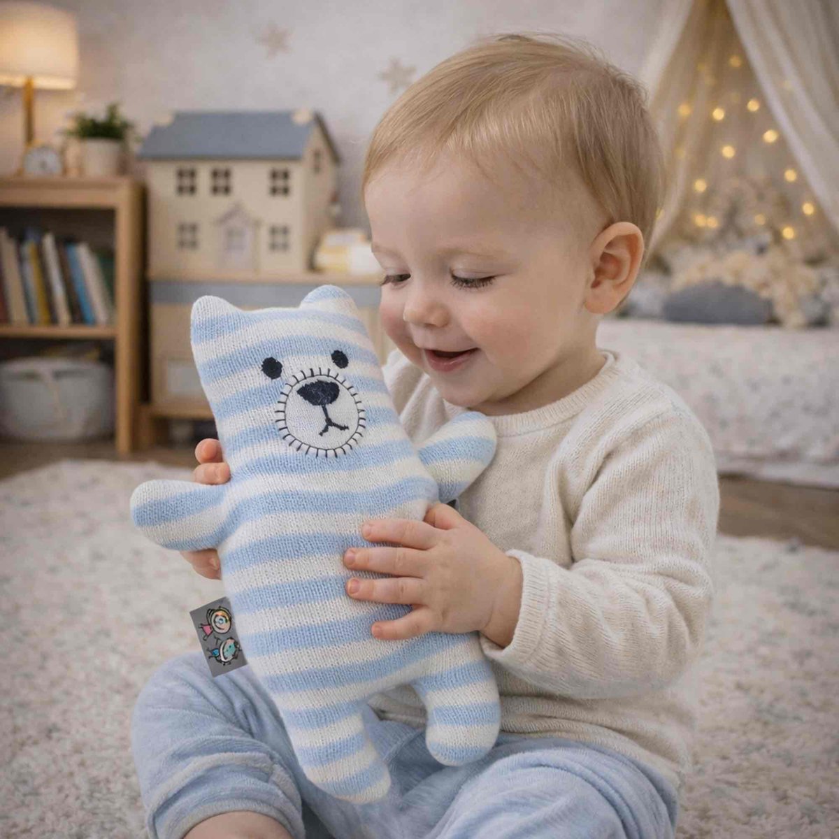 Peluche doudou ourson en coton bio TRICOT bleu, SEVIRA KIDS
