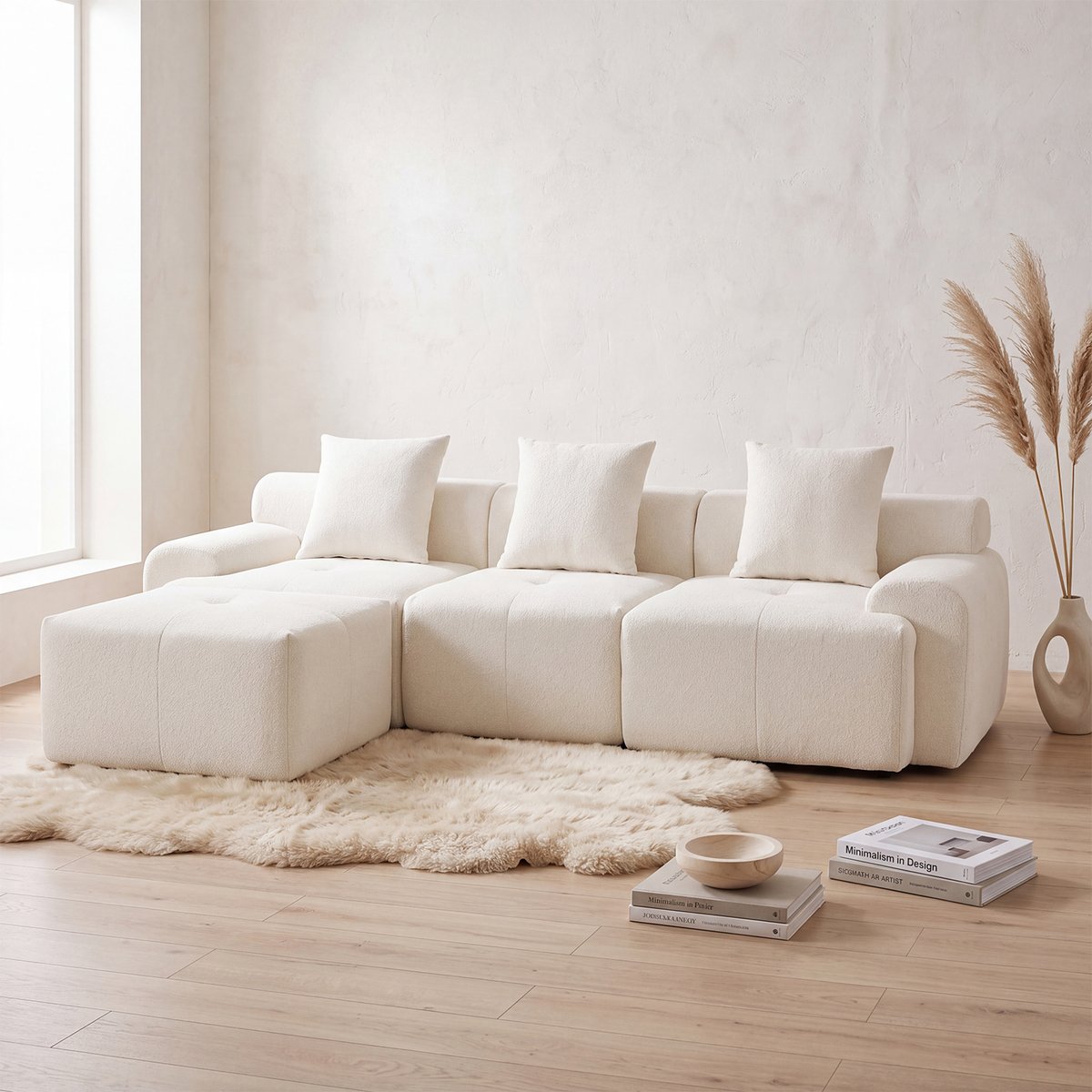 Canapé d'angle réversible compressé 3 places avec pouf, LANDIB beige, MEUBLES COSY