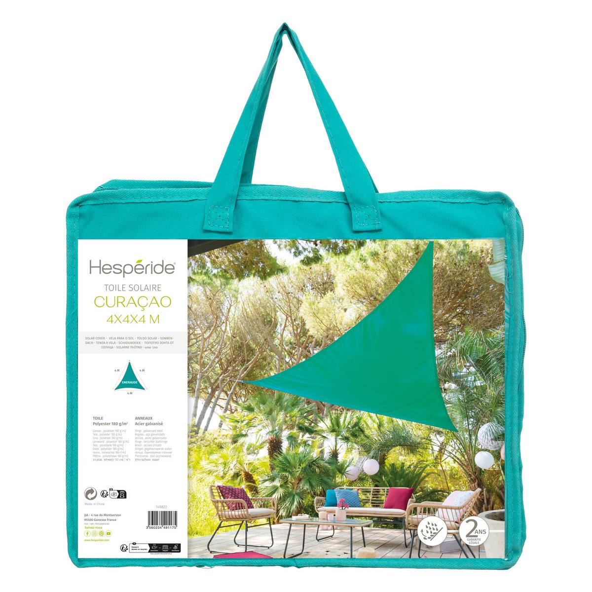 Voile d'ombrage triangulaire 4x4m déperlante CURACAO bleu emeraude, HESPERIDE
