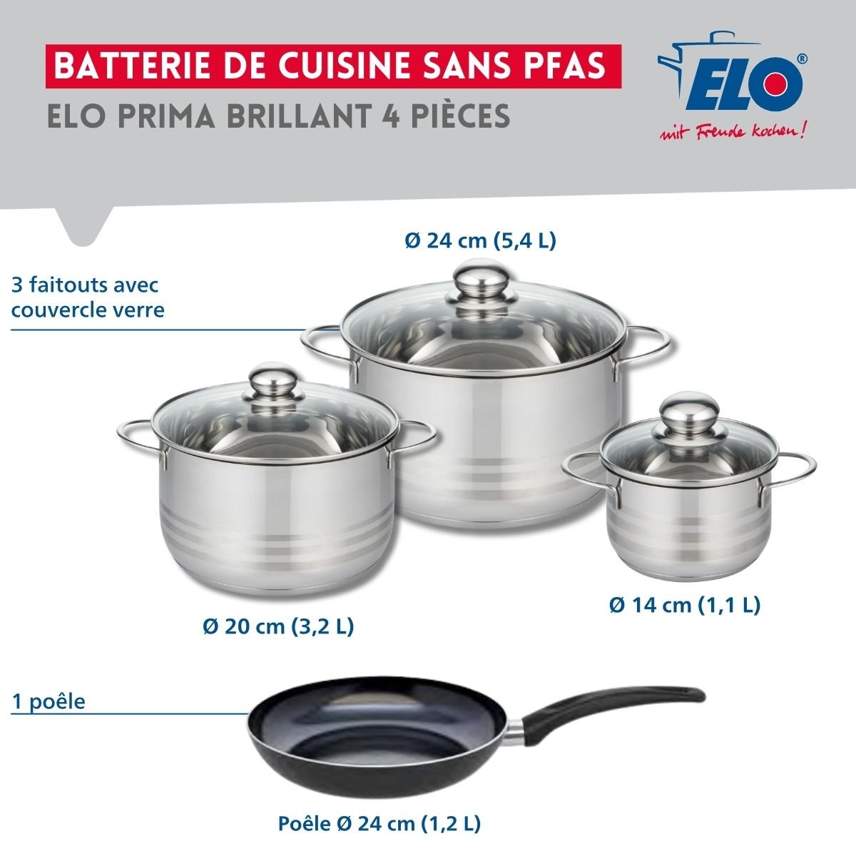 Batterie 1 poêle 24cm + 3 faitouts 14/20/24cm PRIMA BRILLANT noir, ELO