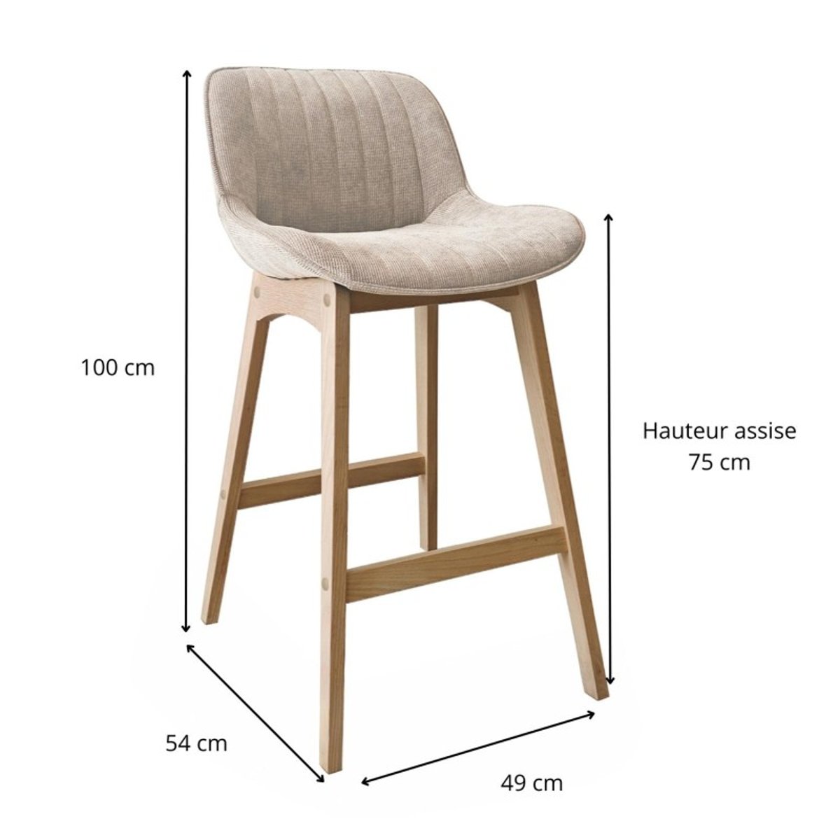 Lot Tabourets Chêne et Velours Côtelé NORDEN H75cm beige, MOB IN