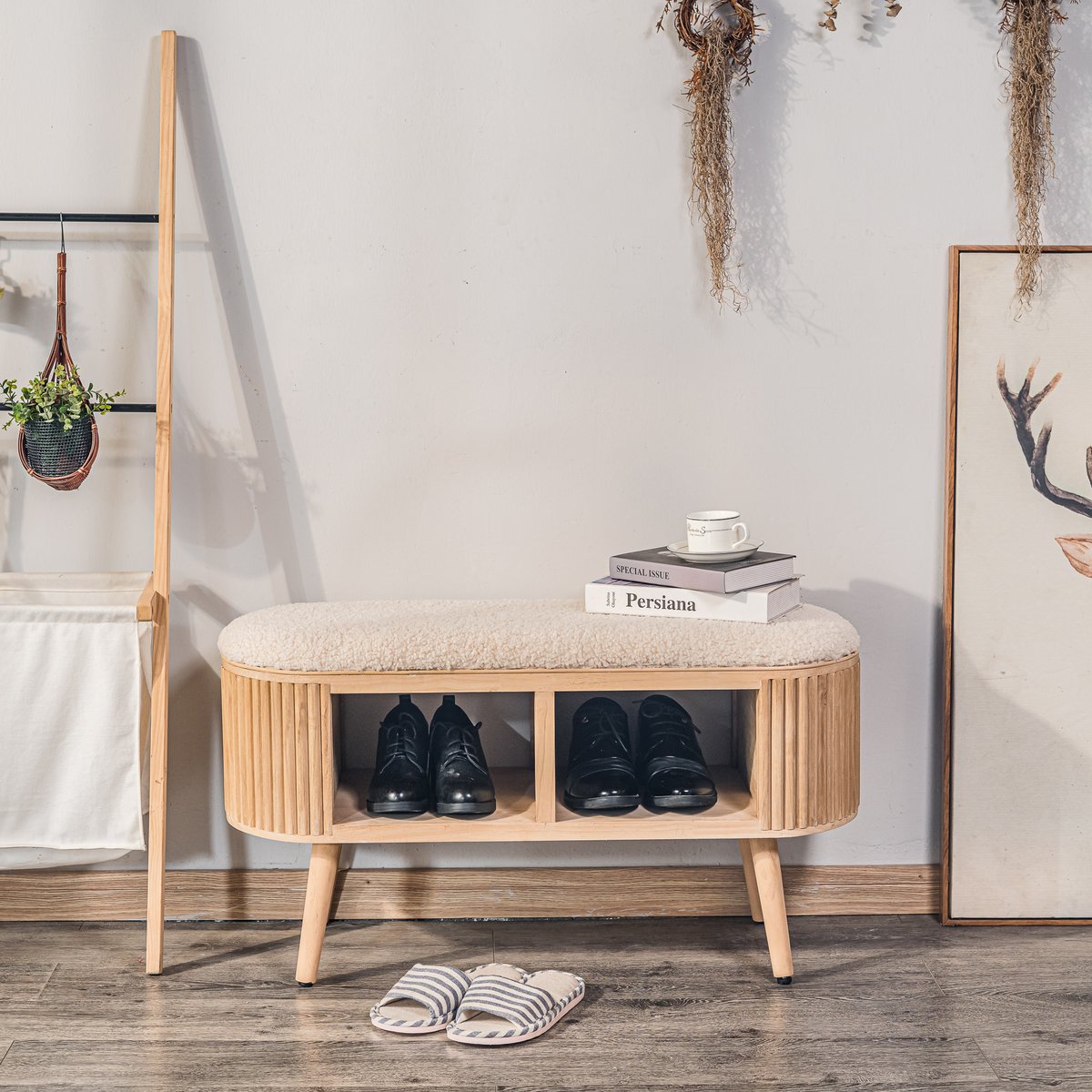 Banc avec rangement, pin et bouclette, ISUMI blanc cassé, NORDLYS