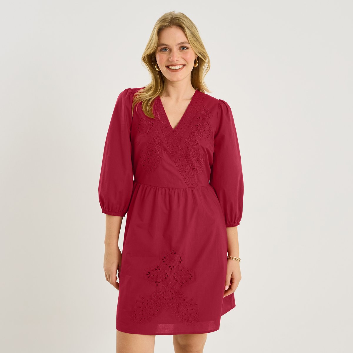 Robe courte broderie anglaise col V orange rouge, GRAIN DE MALICE