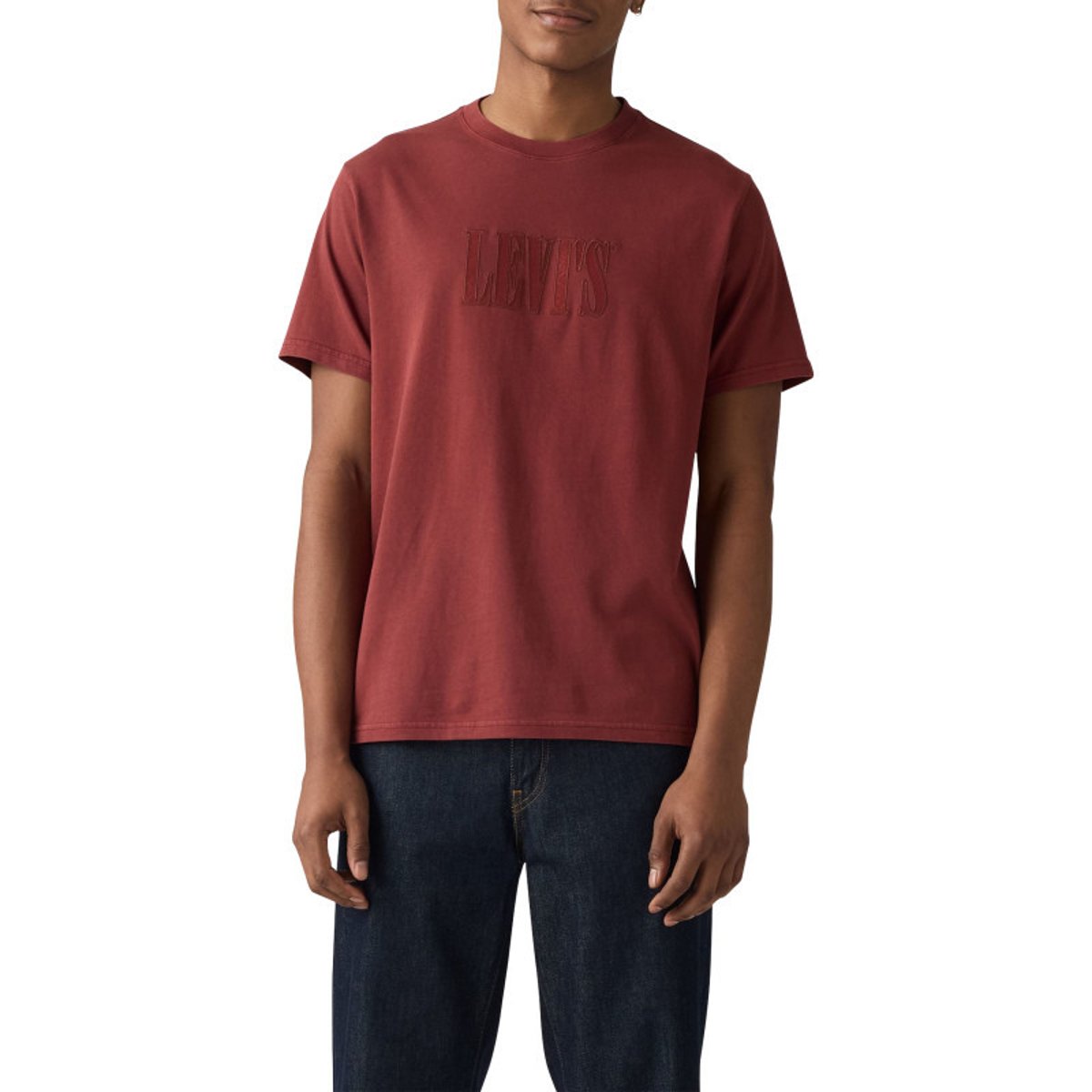 T-shirt en coton bordeaux uni avec une coupe droite et un col rond bordeaux, LEVI'S
